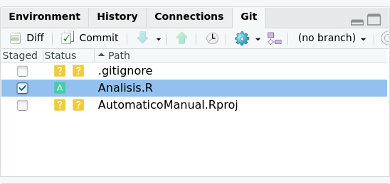 When including your repository in your Rstudio session, the git tab will appear in the upper right window