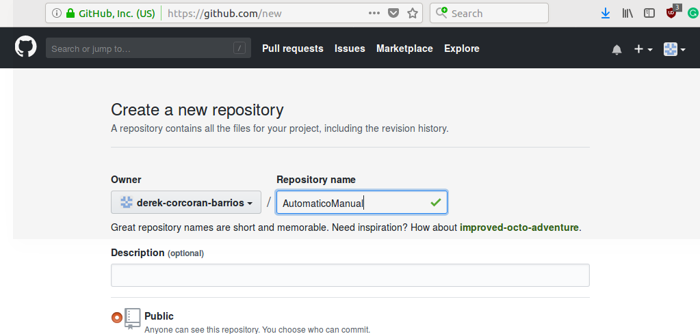 Create the name of your repository and press the button create repository